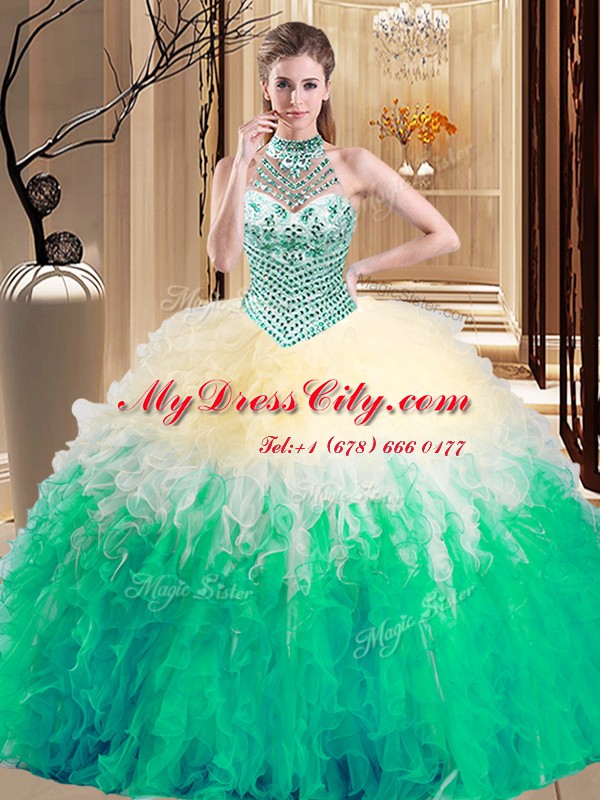 Sexy Tulle Halter Top Sleeveless Lace Up Beading and Ruffles Sweet 16 Quinceanera Dress in Multi-color