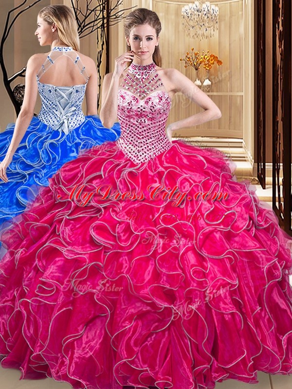Superior Hot Pink Quinceanera Gowns Military Ball and Sweet 16 and Quinceanera and For with Beading and Ruffles Halter Top Sleeveless Lace Up