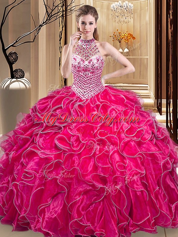 Superior Hot Pink Quinceanera Gowns Military Ball and Sweet 16 and Quinceanera and For with Beading and Ruffles Halter Top Sleeveless Lace Up
