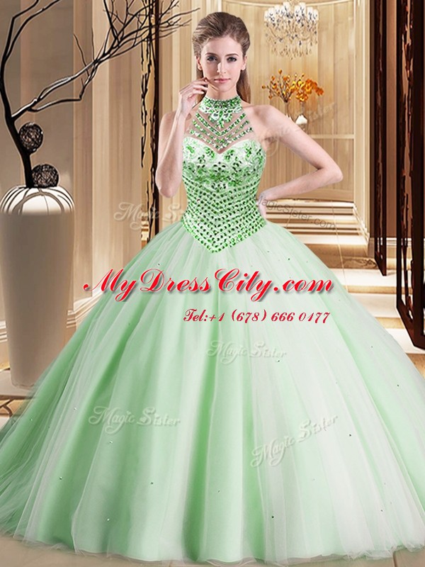 Smart Apple Green Tulle Lace Up Halter Top Sleeveless With Train Sweet 16 Dresses Brush Train Beading