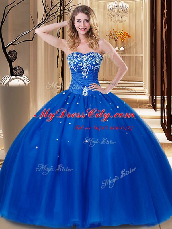 Floor Length Royal Blue Sweet 16 Dress Tulle Sleeveless Beading and Embroidery