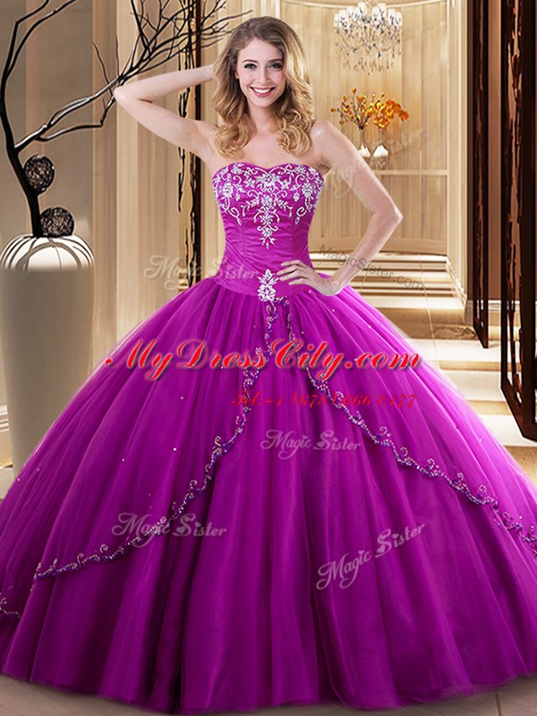 Fashionable Embroidery Quinceanera Gowns Fuchsia Lace Up Sleeveless Floor Length