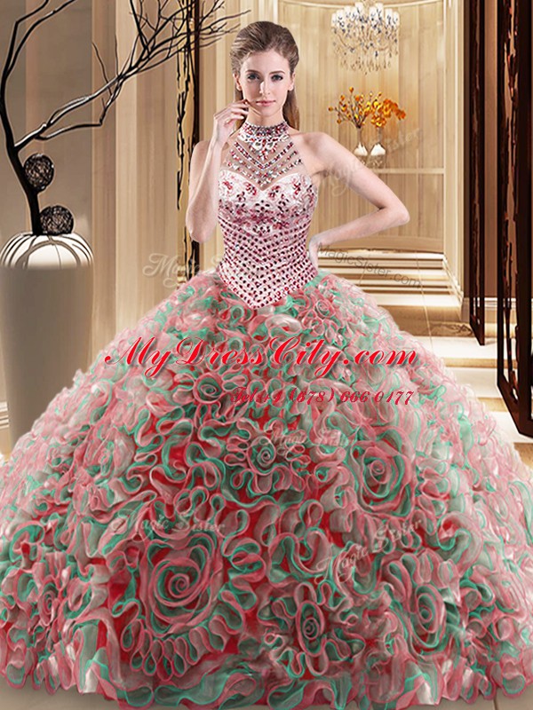 Nice Halter Top With Train Ball Gowns Sleeveless Multi-color Sweet 16 Quinceanera Dress Brush Train Lace Up