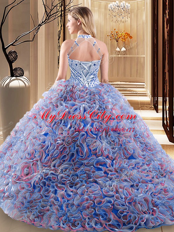 Nice Halter Top With Train Ball Gowns Sleeveless Multi-color Sweet 16 Quinceanera Dress Brush Train Lace Up
