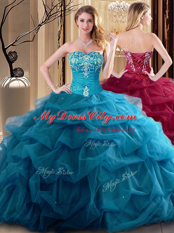 Teal Quinceanera Gown Military Ball and Sweet 16 and Quinceanera and For with Embroidery and Ruffles Sweetheart Sleeveless Lace Up