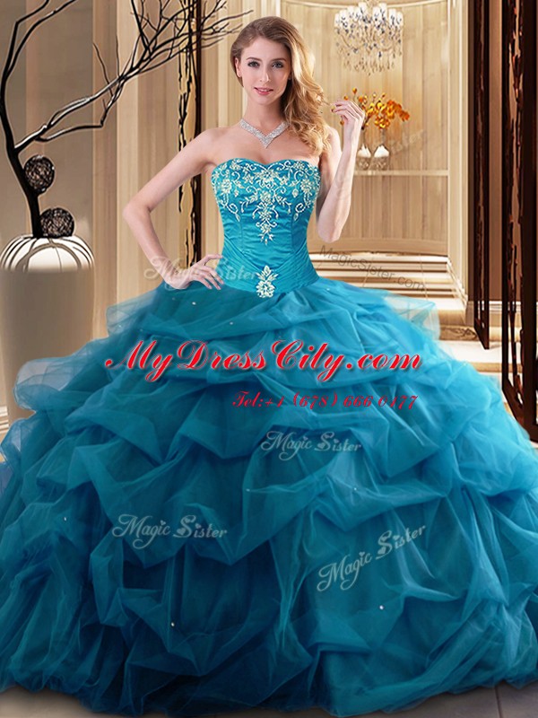 Teal Quinceanera Gown Military Ball and Sweet 16 and Quinceanera and For with Embroidery and Ruffles Sweetheart Sleeveless Lace Up