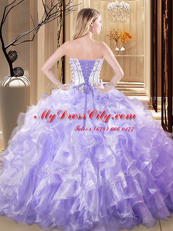 Spectacular Lavender Sleeveless Floor Length Embroidery and Ruffles Lace Up Vestidos de Quinceanera