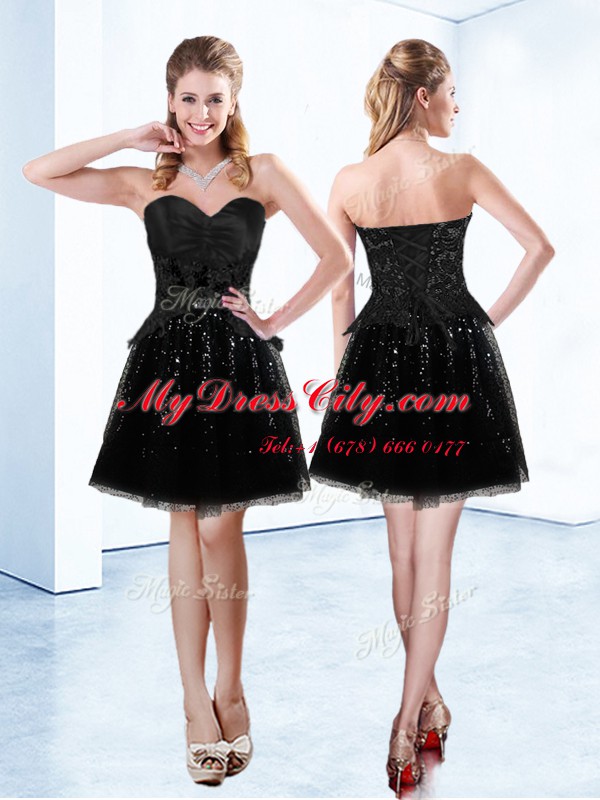 Flare Sweetheart Sleeveless Dress for Prom Mini Length Beading and Lace Black Organza