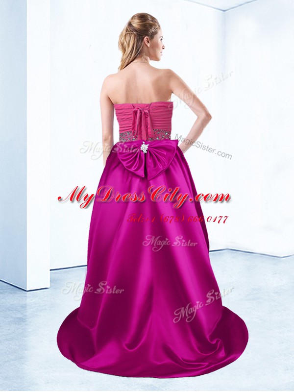 New Style Beading and Ruching Homecoming Dresses Fuchsia Lace Up Sleeveless With Brush Train
