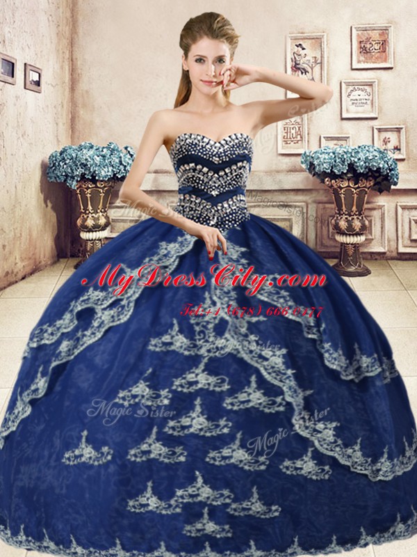Fashion Navy Blue Ball Gowns Beading and Appliques Sweet 16 Dresses Lace Up Organza Sleeveless Floor Length