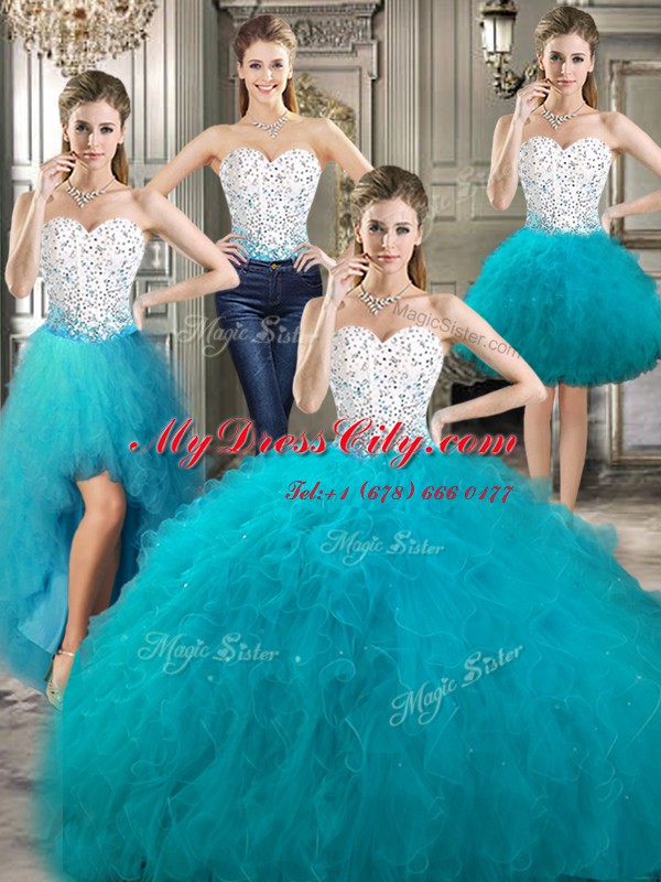 Four Piece White and Teal Ball Gowns Tulle Sweetheart Sleeveless Beading and Ruffles Floor Length Lace Up Quinceanera Gown
