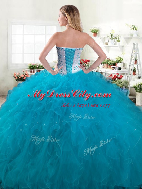 Trendy Green Lace Up Quinceanera Gowns Beading and Ruffles Sleeveless Floor Length