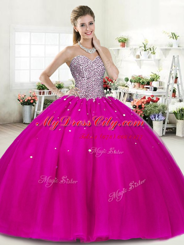Fuchsia Sleeveless Tulle Lace Up Quinceanera Gown for Military Ball and Sweet 16 and Quinceanera