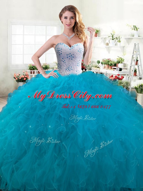 Fuchsia Ball Gowns Tulle Sweetheart Sleeveless Beading and Ruffles Floor Length Lace Up Quinceanera Gown