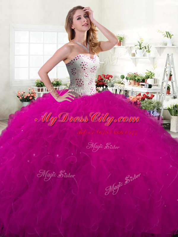 Fuchsia Ball Gowns Tulle Sweetheart Sleeveless Beading and Ruffles Floor Length Lace Up Quinceanera Gown