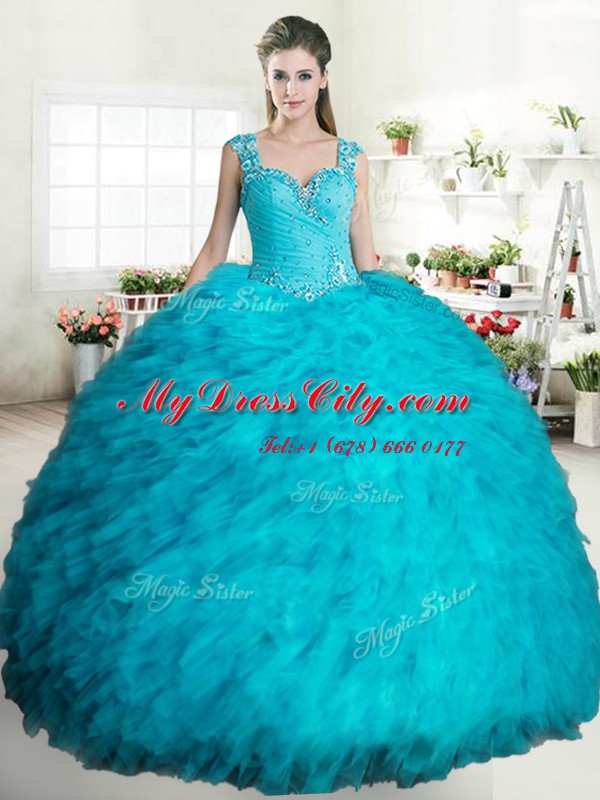 Graceful Straps Sleeveless Tulle 15 Quinceanera Dress Beading and Ruffles Zipper