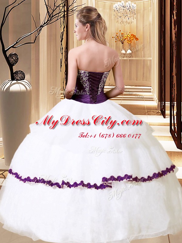 Pretty White Ball Gowns Beading Quince Ball Gowns Lace Up Organza Sleeveless Floor Length