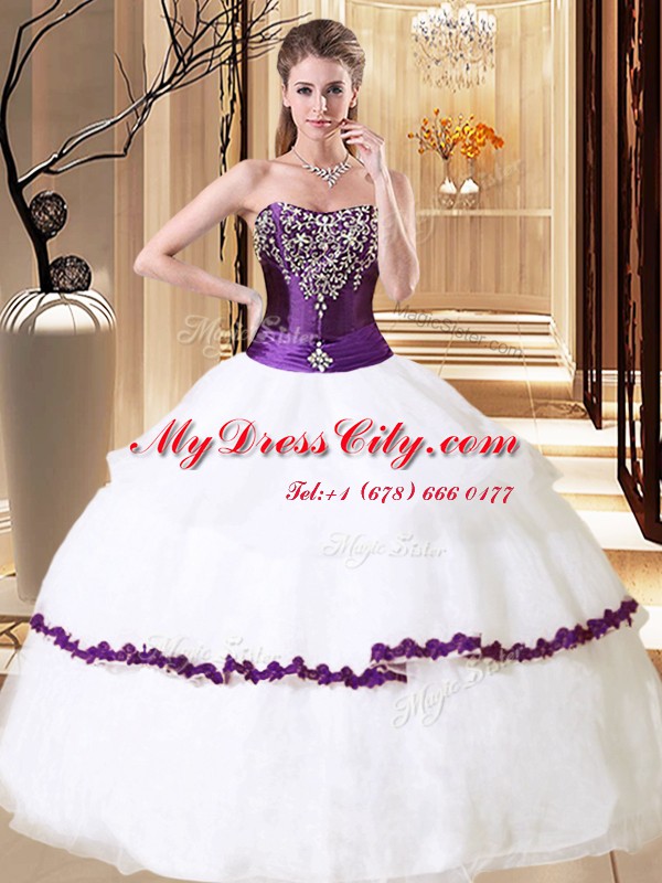 Pretty White Ball Gowns Beading Quince Ball Gowns Lace Up Organza Sleeveless Floor Length
